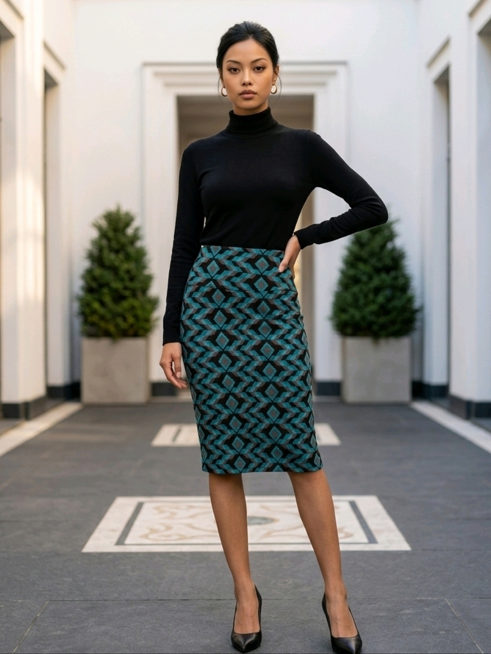 NWT LuLaRoe Black and Teal Cassie Patterned Pencil Skirt ~size SMALL